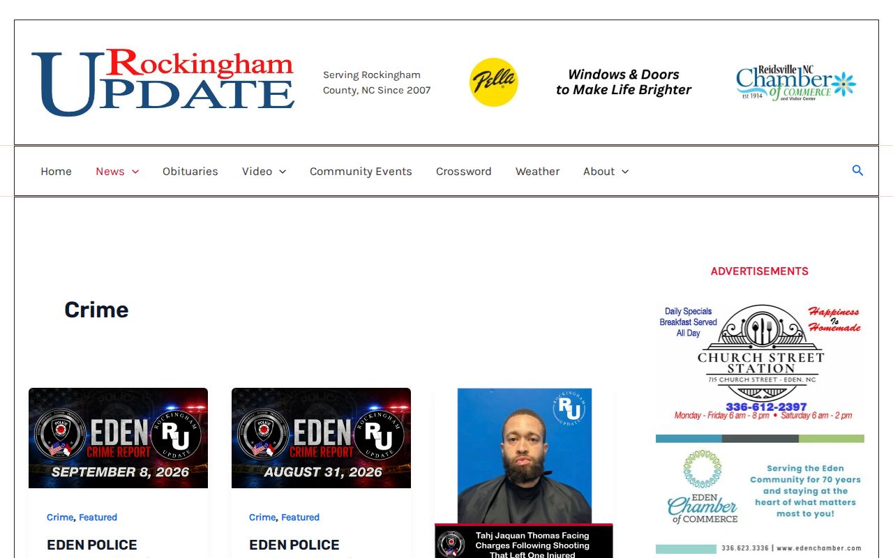 RCENO local crime news page covering Rockingham County and Eden incidents