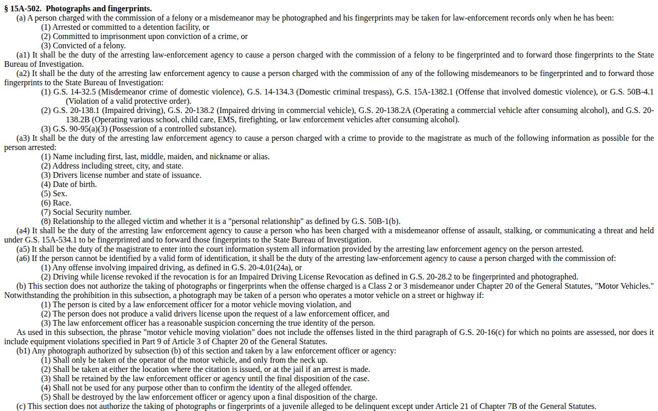 North Carolina General Statute 15A-502 official legislative page